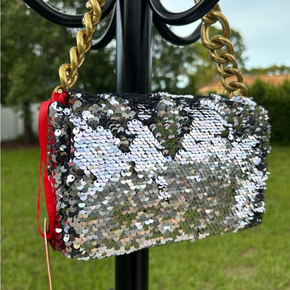 Montana West Silver Sequin Crossbody with Red Trim and Gold Chain